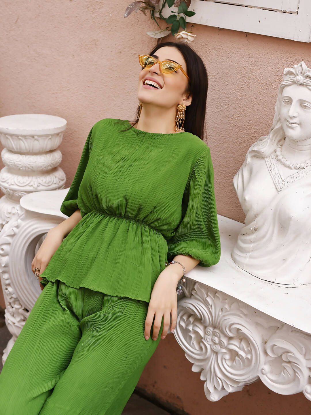 Green Crush Plain Top with Matching Bottom - Eesha - Swadesiicart