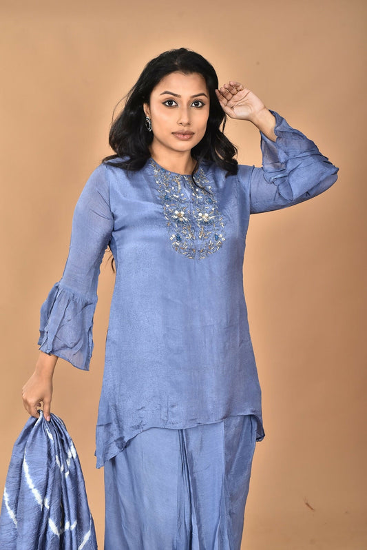 Morchari Women And Hand Embroidery Palazzo Set-Grey - Swadesiicart