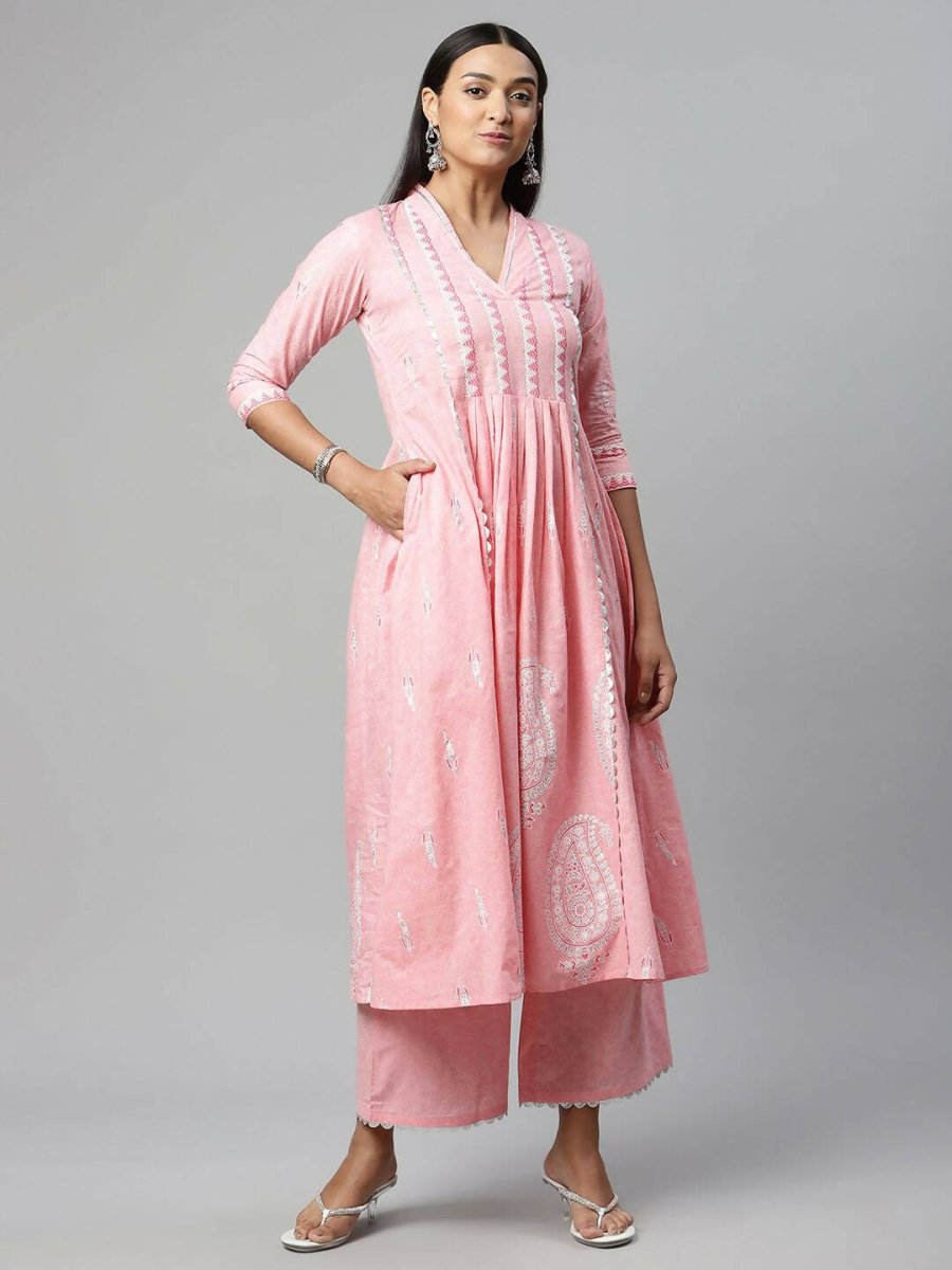 Ahalyaa Womens Pink Pure Cotton Printed Kurta Palazzo Set | Swadesiicart