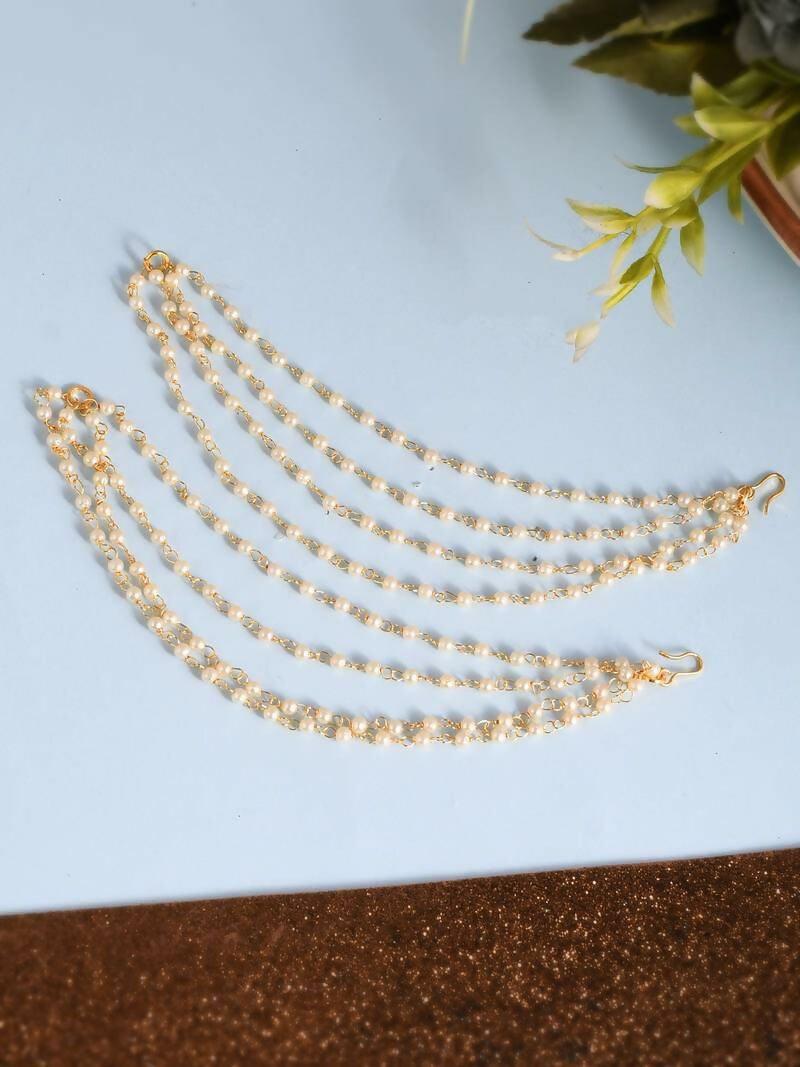 NVR Pearl Studded Classic Gold-Polished 4 Line Ear Chain Ear Cuff | Swadesiicart