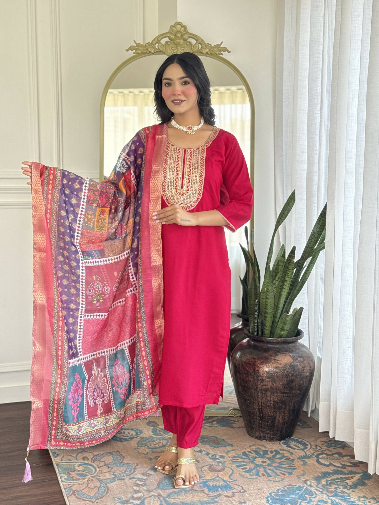 The52 Rani Gorgeous Embroidered Chanderi Silk Fabric Straight Kurta Pant with Dupatta Set - Swadesiicart