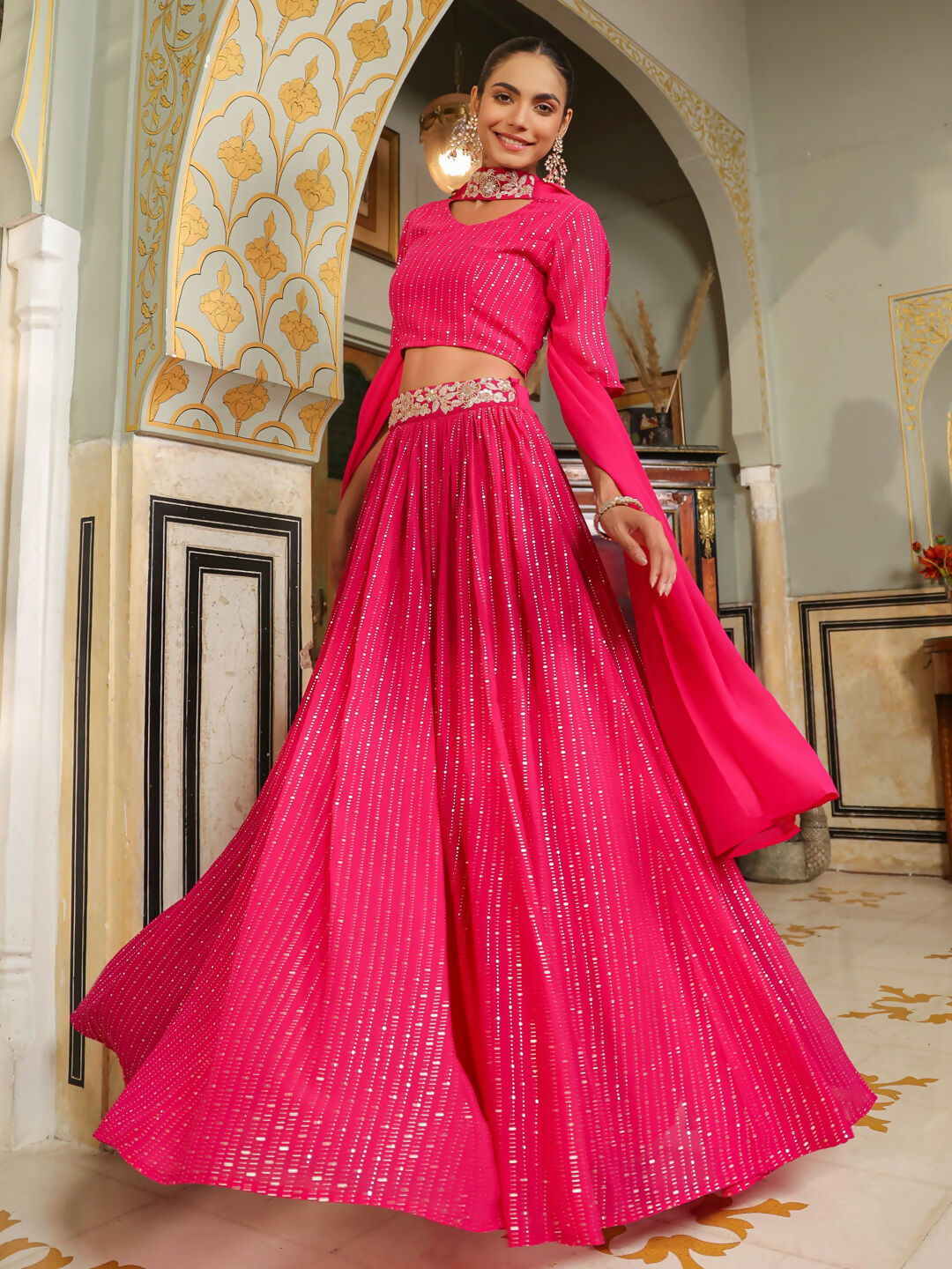 Janasya Pink Georgette Foil Print Lehenga Choli Dupatta | Swadesiicart