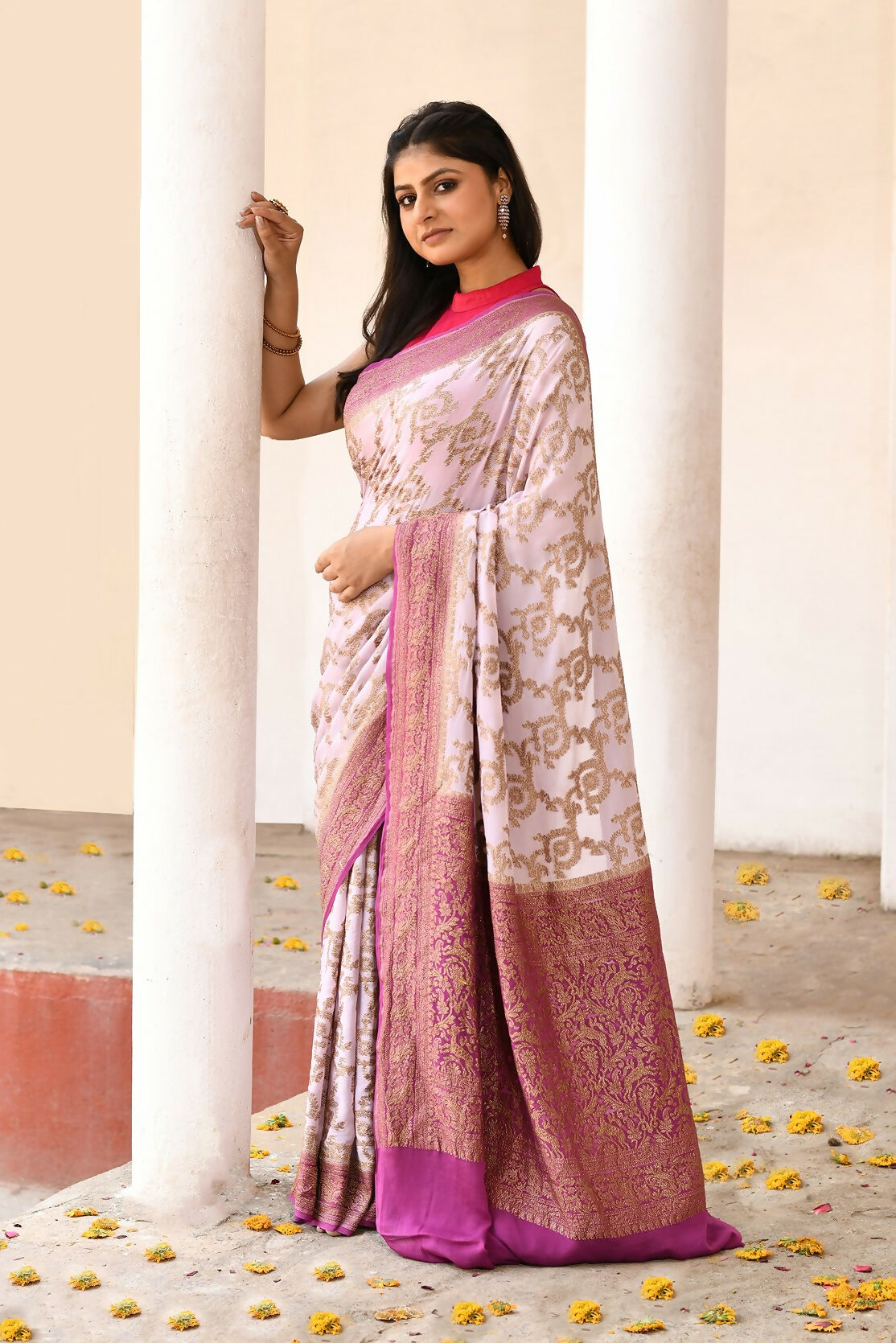 Joban Fashion Pastel Lilac Crepe Chiffon Pure Handloom Banarasi Silk Saree | Swadesiicart