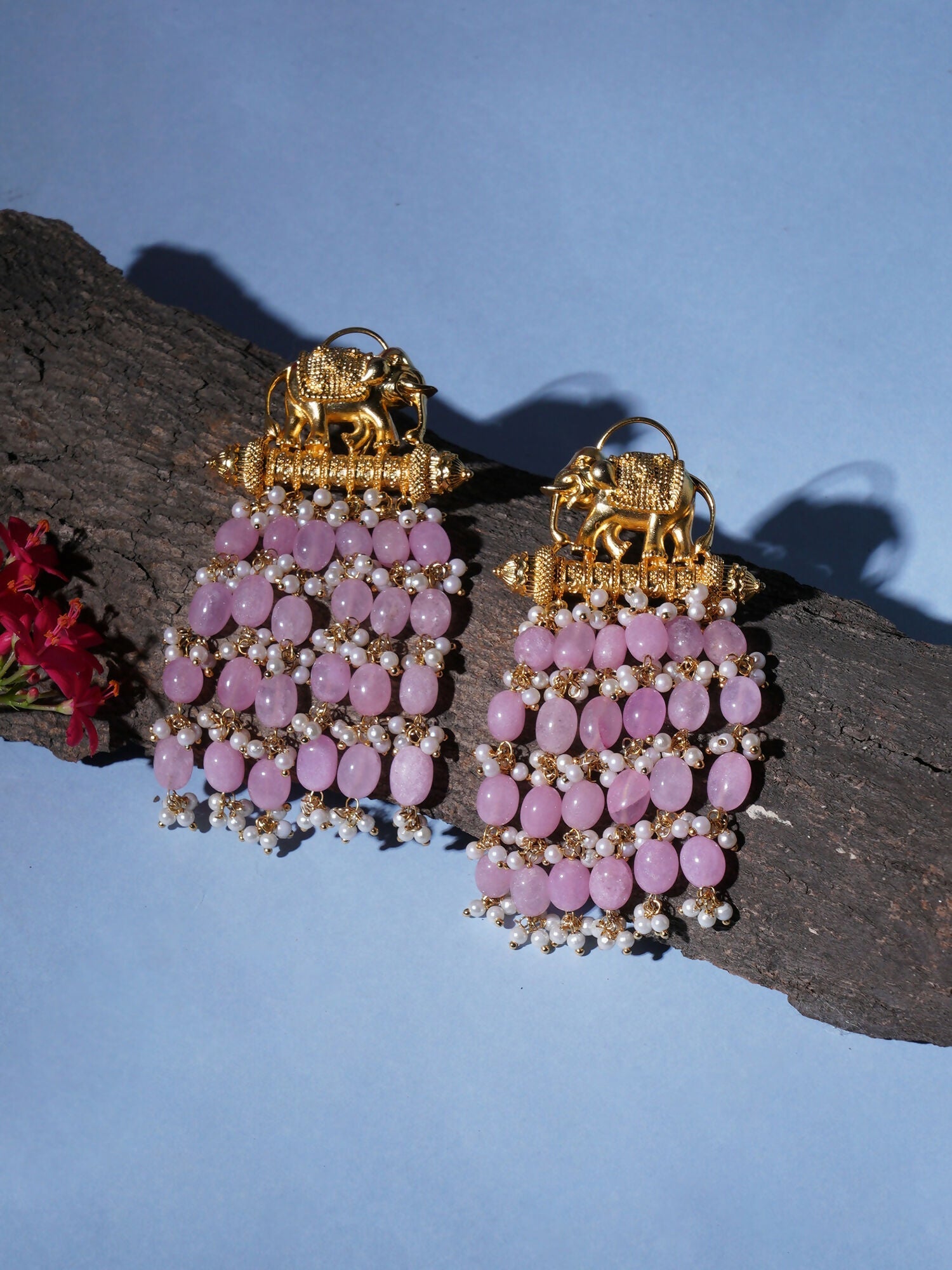 Long Layered Earrings with Elephant Motifs (Pink) - Ruby Raang - Swadesiicart