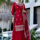 The52 Red Women's Gorgeous Embroidered Vichitra Silk Fabric Straight Kurta, Sharara and Dupatta Set - Swadesiicart