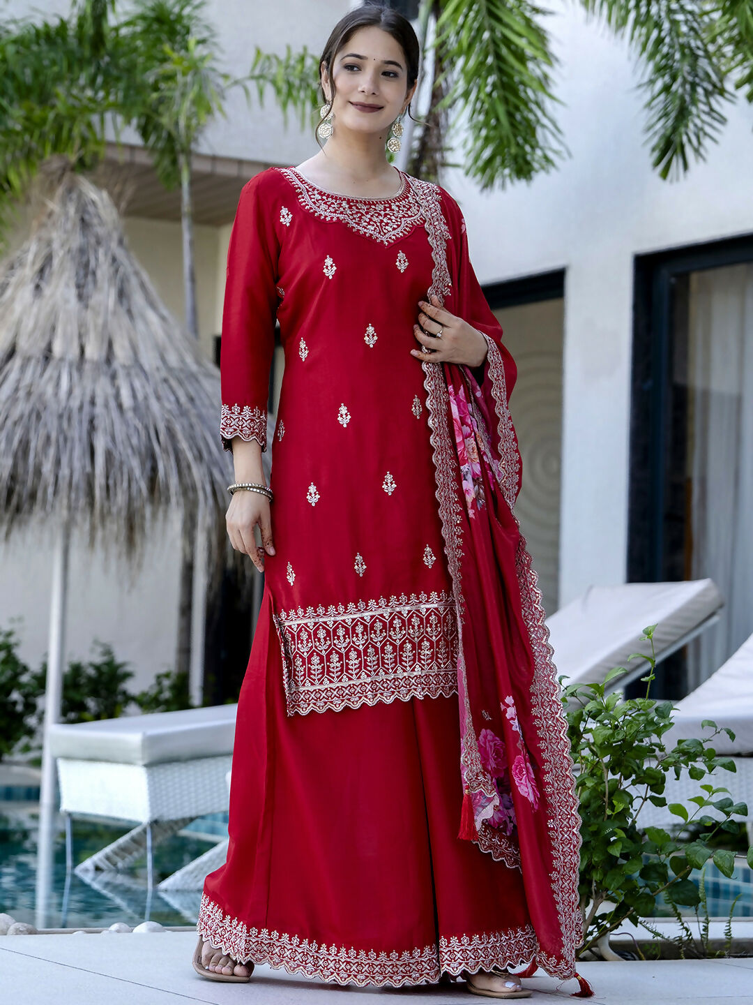The52 Red Women's Gorgeous Embroidered Vichitra Silk Fabric Straight Kurta, Sharara and Dupatta Set - Swadesiicart