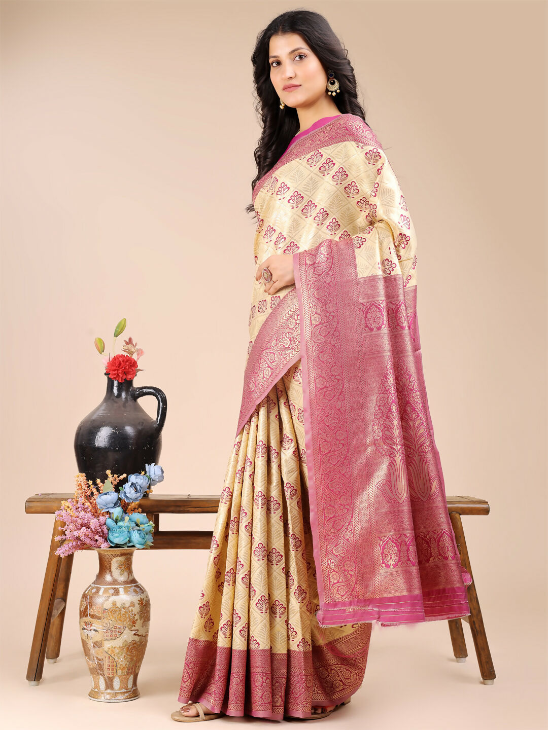 Astita Aura Silk Cream Magenta Banarasi Silk Saree | Swadesiicart