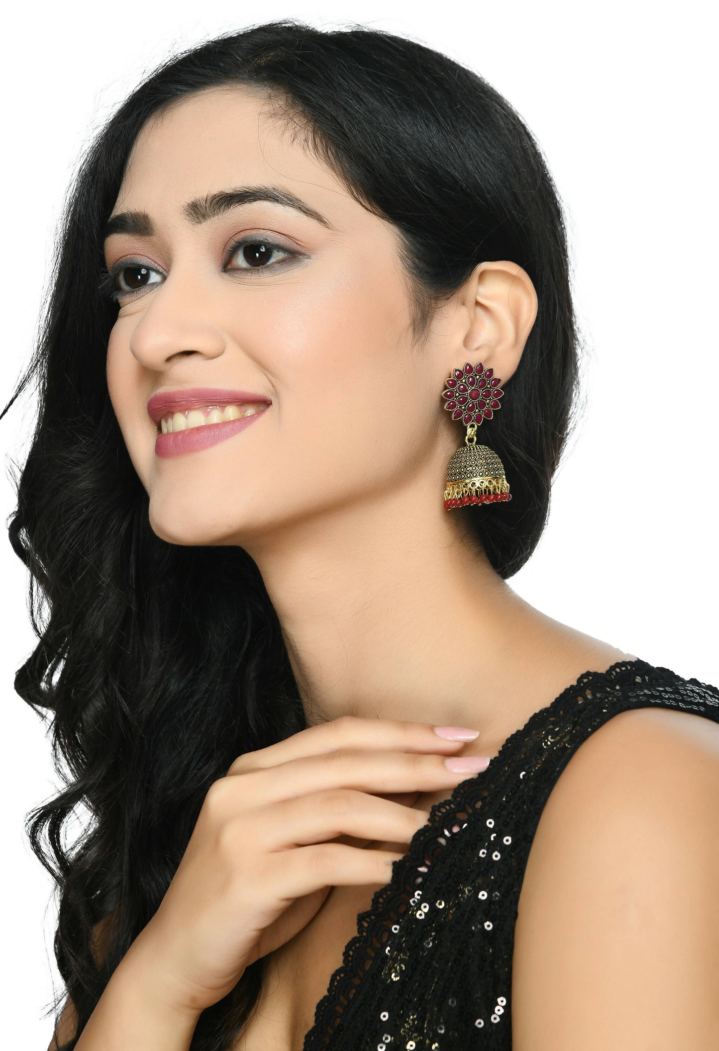 Mominos Fashion Joharkamal Kundan work Jhumka with Maroon Beads - Swadesiicart