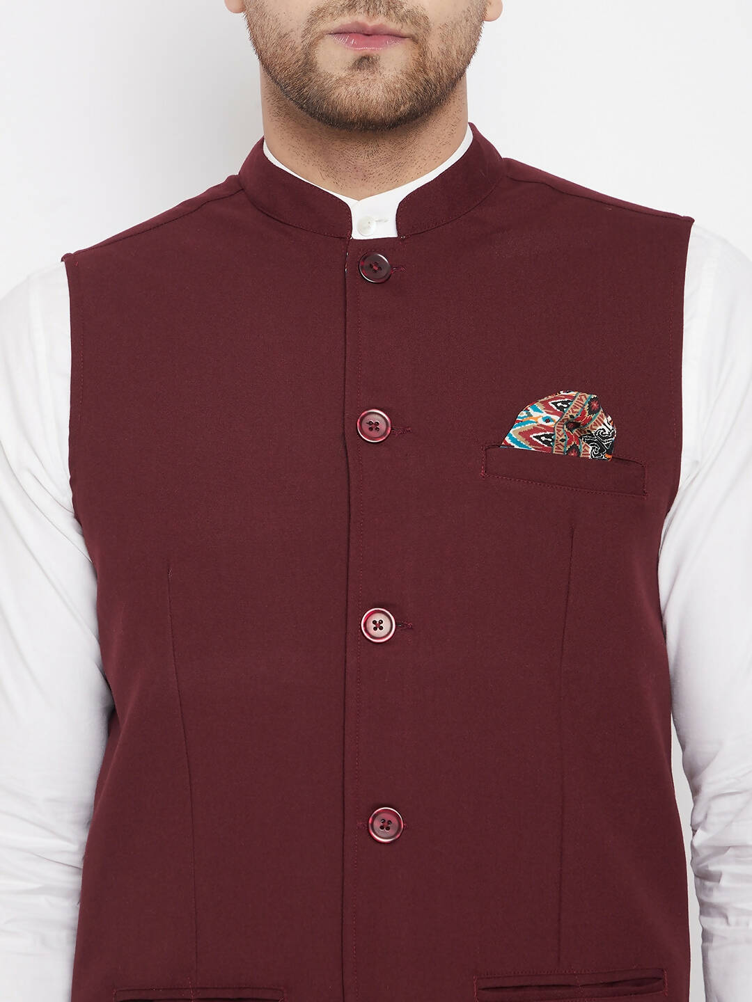 Even Apparels Maroon Merino Men's Nehru Jacket-Contrast Lining-Inbuilt Pocket Square | Swadesiicart