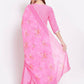 Myshka Women's Pink Printed Cotton Blend 3/4 Sleeve V Neck Casual Anarkali Kurta Dupatta Set