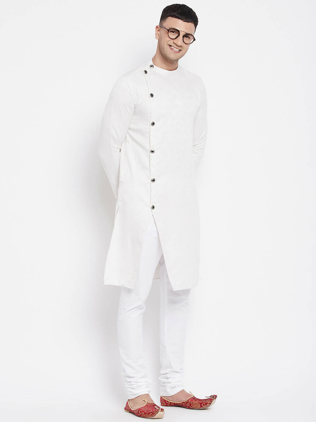 Even Apparels White Rayon Men's Sherwani Kurta With Asymetrical Cut | Swadesiicart