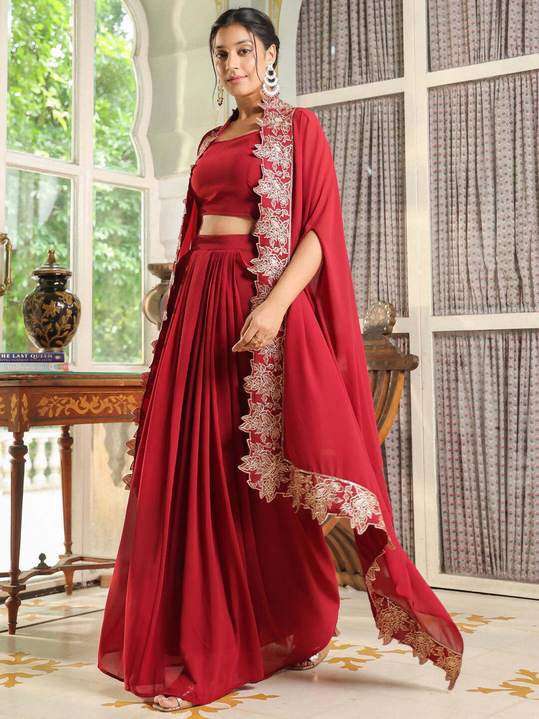Janasya Maroon Georgette Solid Top Bottom Cape | Swadesiicart