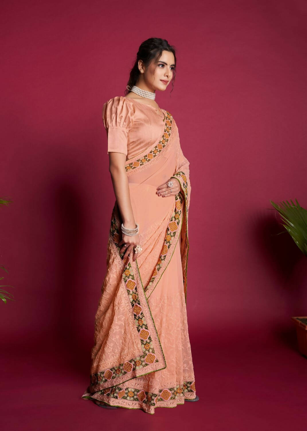 Vamsee Peach Georgette Designer Saree - Swadesiicart
