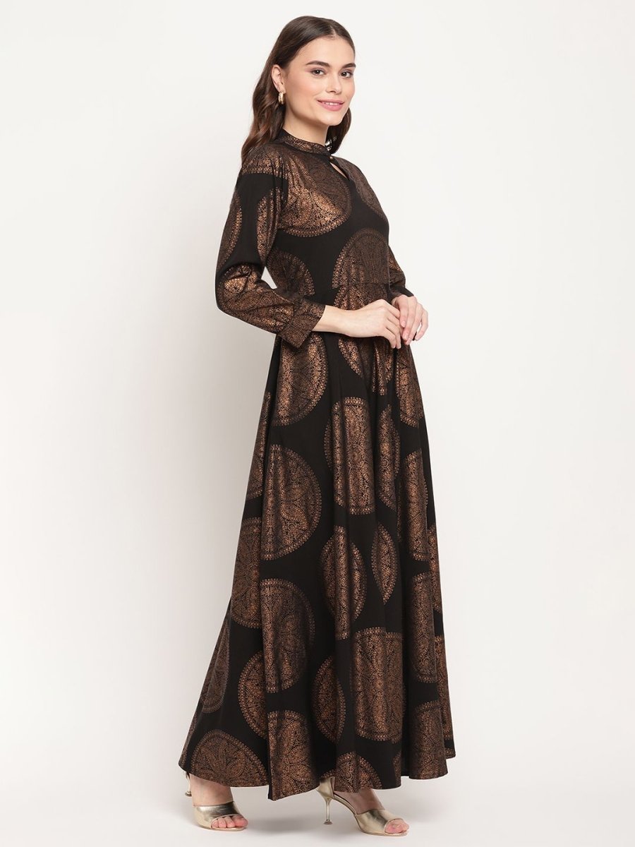 Ahalyaa Women Black Crepe Copper Foil Print Dress | Swadesiicart