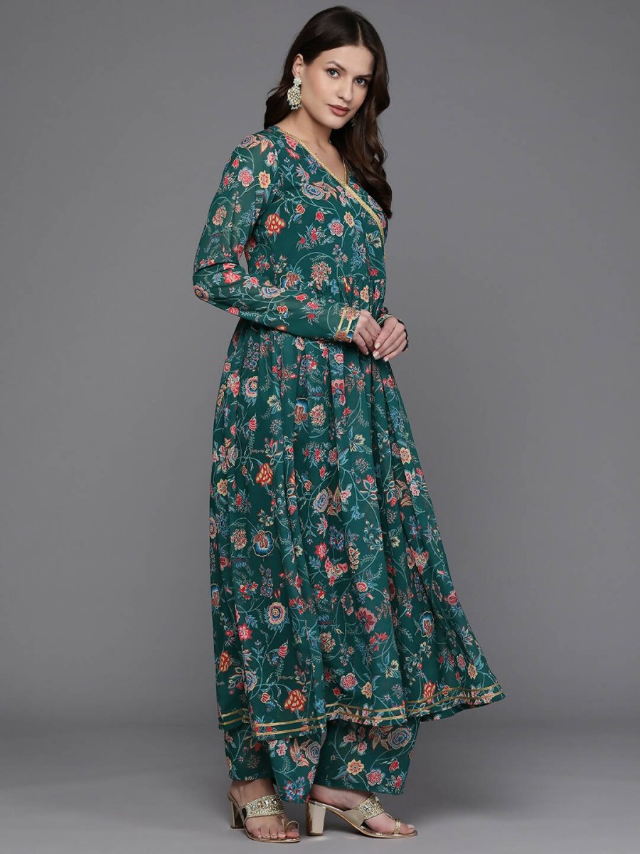 Ahalyaa Women Floral Printed Angrakha Kurta with Palazzos - Green Color | Swadesiicart