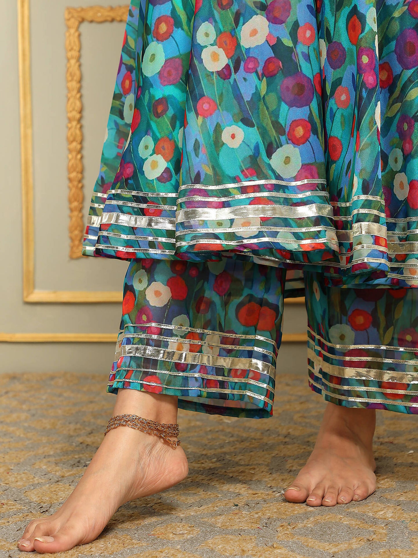 Pomcha Jaipur Blue Saadgi Phulwari Anarkali Set | Swadesiicart