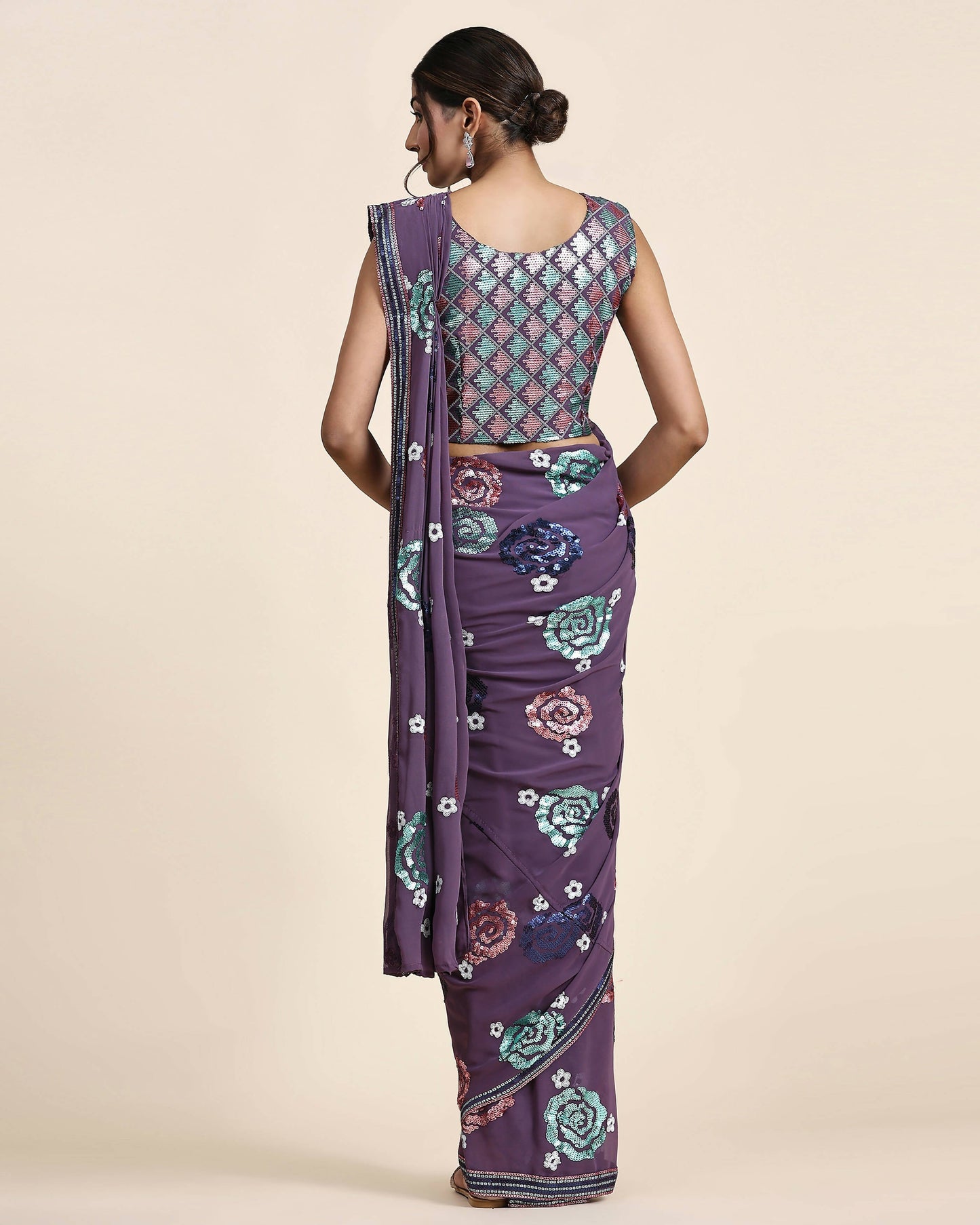Purple Pure Georgette Sequence work Ready to wear Saree with stitched Blouse - Nirvana | Swadesiicart