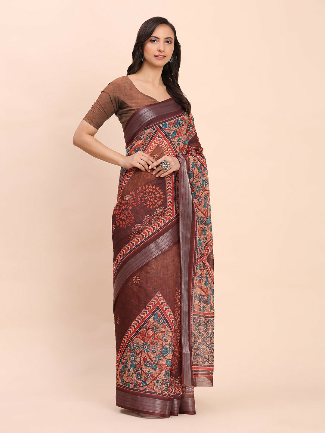 Shree Shyam Fashion Linen Cotton Brown Saree