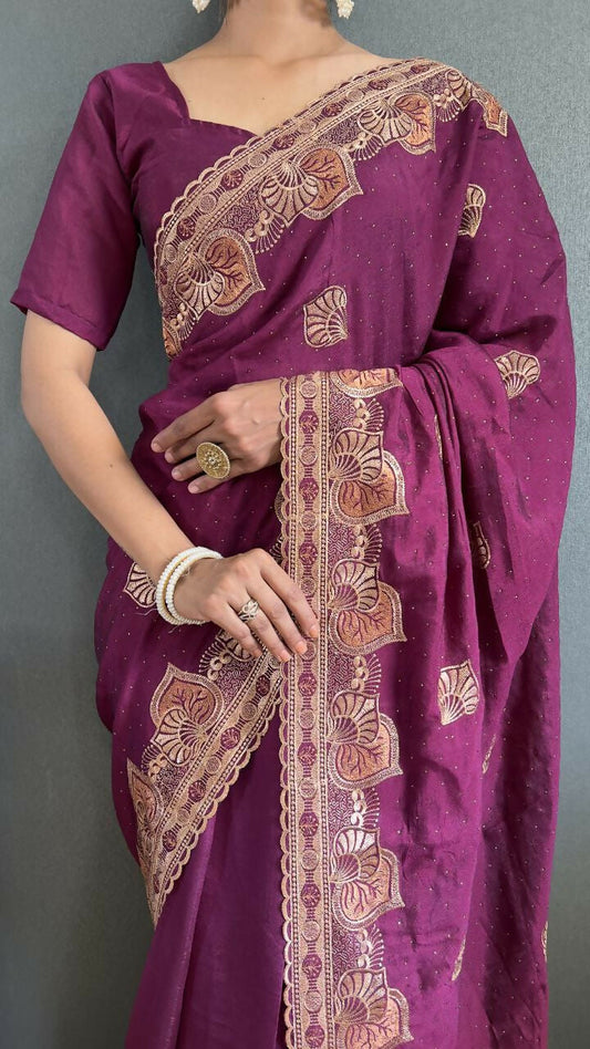 Vastranavya Purple Vichitra Silk Zari with Swarovski Work Ready to Wear Saree | Swadesiicart