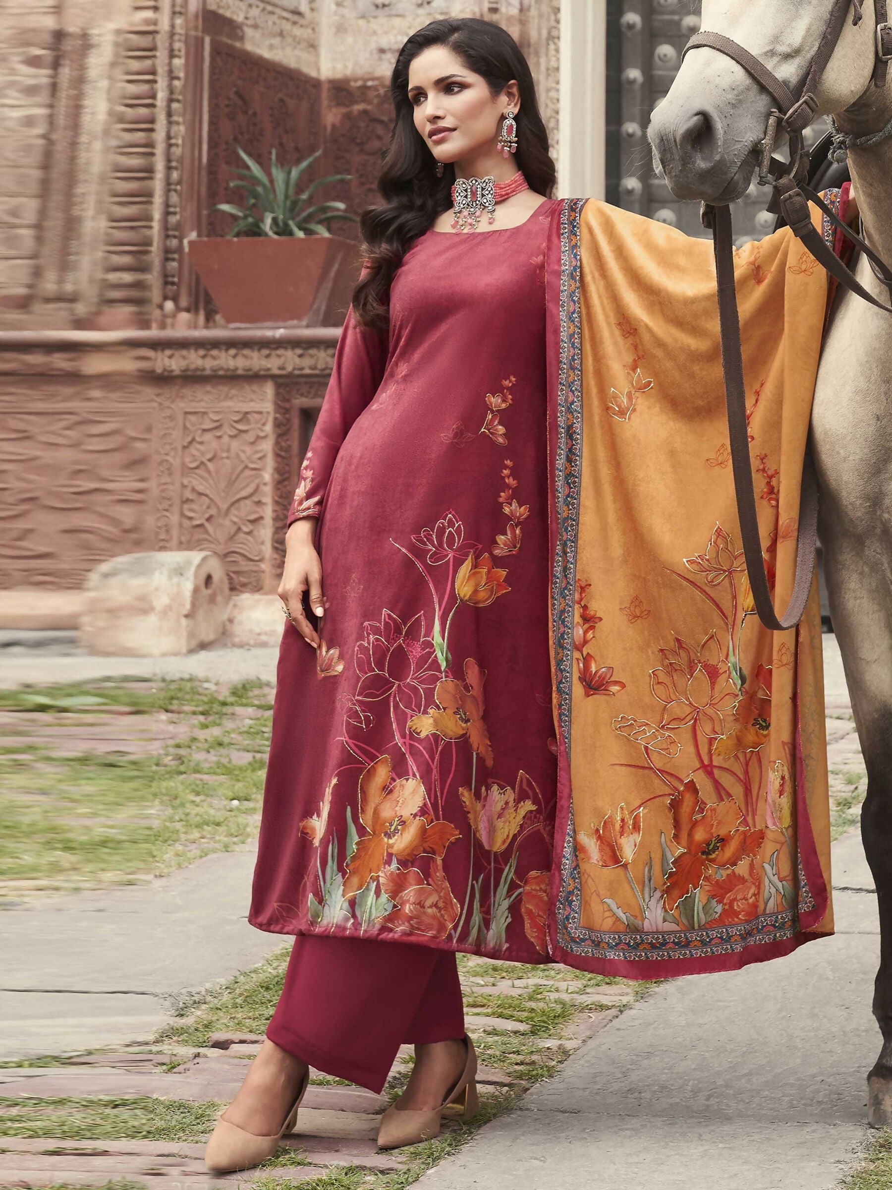 Jyoti Fashion Women's Red Velvet Floral Digital Printed Kurta with Trouser & Dupatta | Swadesiicart