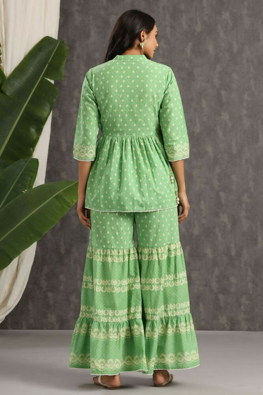 Juniper Green Ethnic Motif Printed Pure Cotton Tunic & Sharara With Sequins & Lace Detail - Swadesiicart