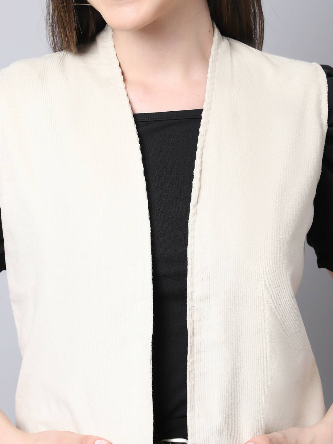 Even Apparels White Polywool Open Front Corduroy Women's Long Coat | Swadesiicart