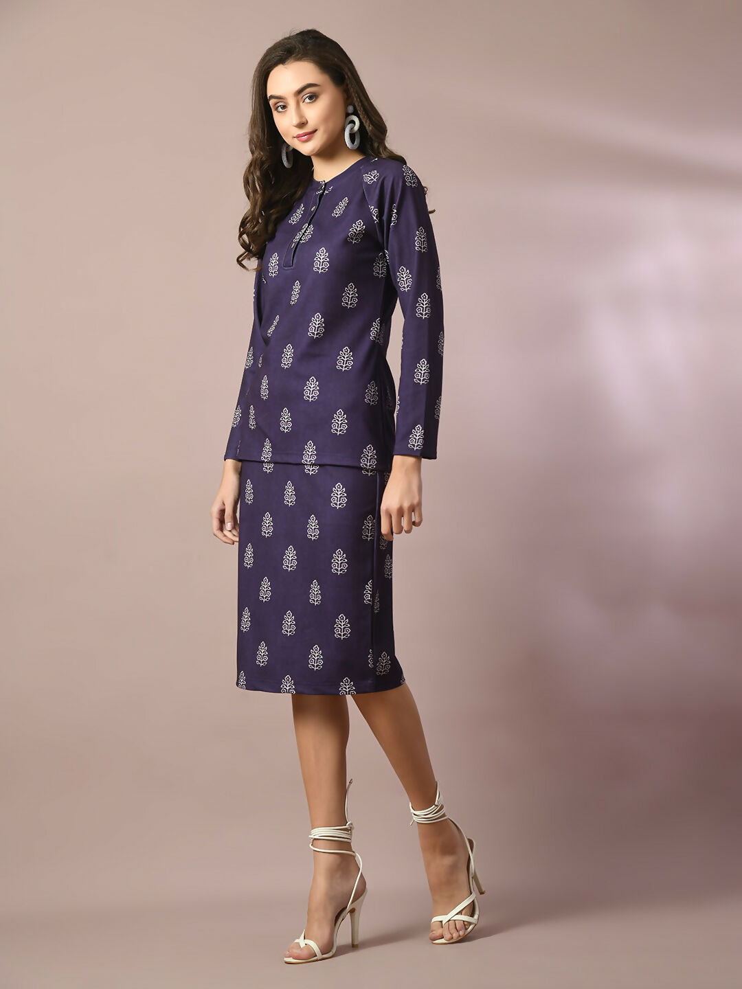 Myshka Women's Navy Blue Printed Round Neck Party Top With Skirt Co-ord set - Swadesiicart