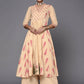 Ahalyaa Women Cream-Coloured & Pink Floral Print Pure Cotton Anarkali Kurta with Palazzos | Swadesiicart