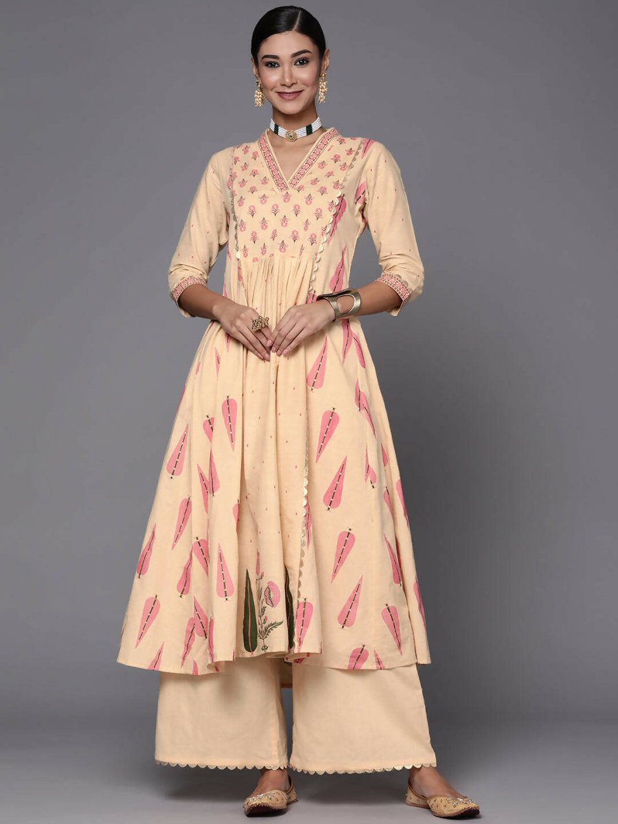 Ahalyaa Women Cream-Coloured & Pink Floral Print Pure Cotton Anarkali Kurta with Palazzos | Swadesiicart