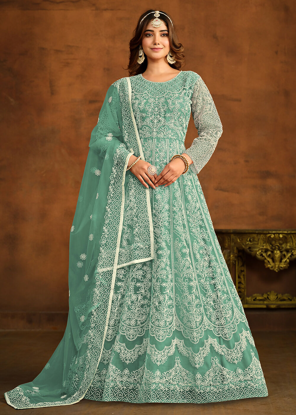 Green All Over Embroidered Net Wedding Anarkali Suit - Emponline | Swadesiicart