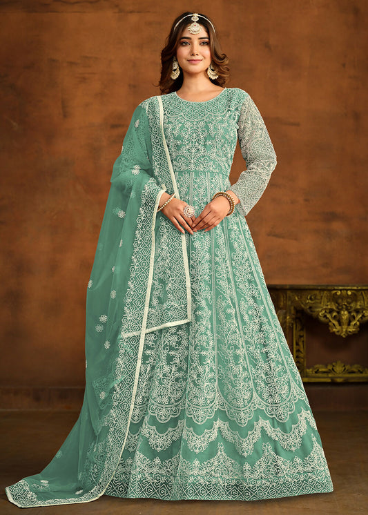 Green All Over Embroidered Net Wedding Anarkali Suit - Emponline | Swadesiicart