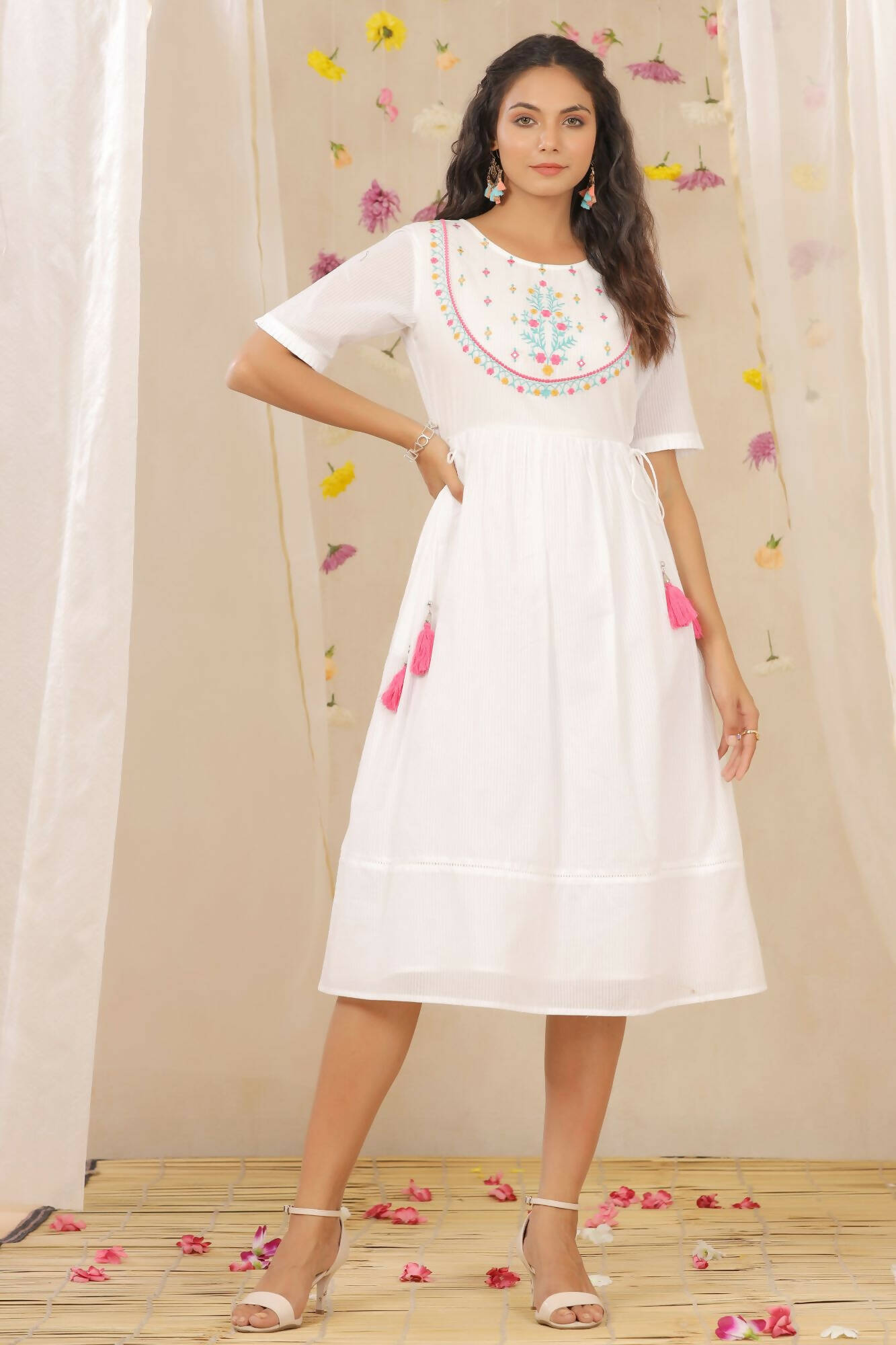 Juniper Women White Cotton Dobby Embroidered A-Line Dress | Swadesiicart