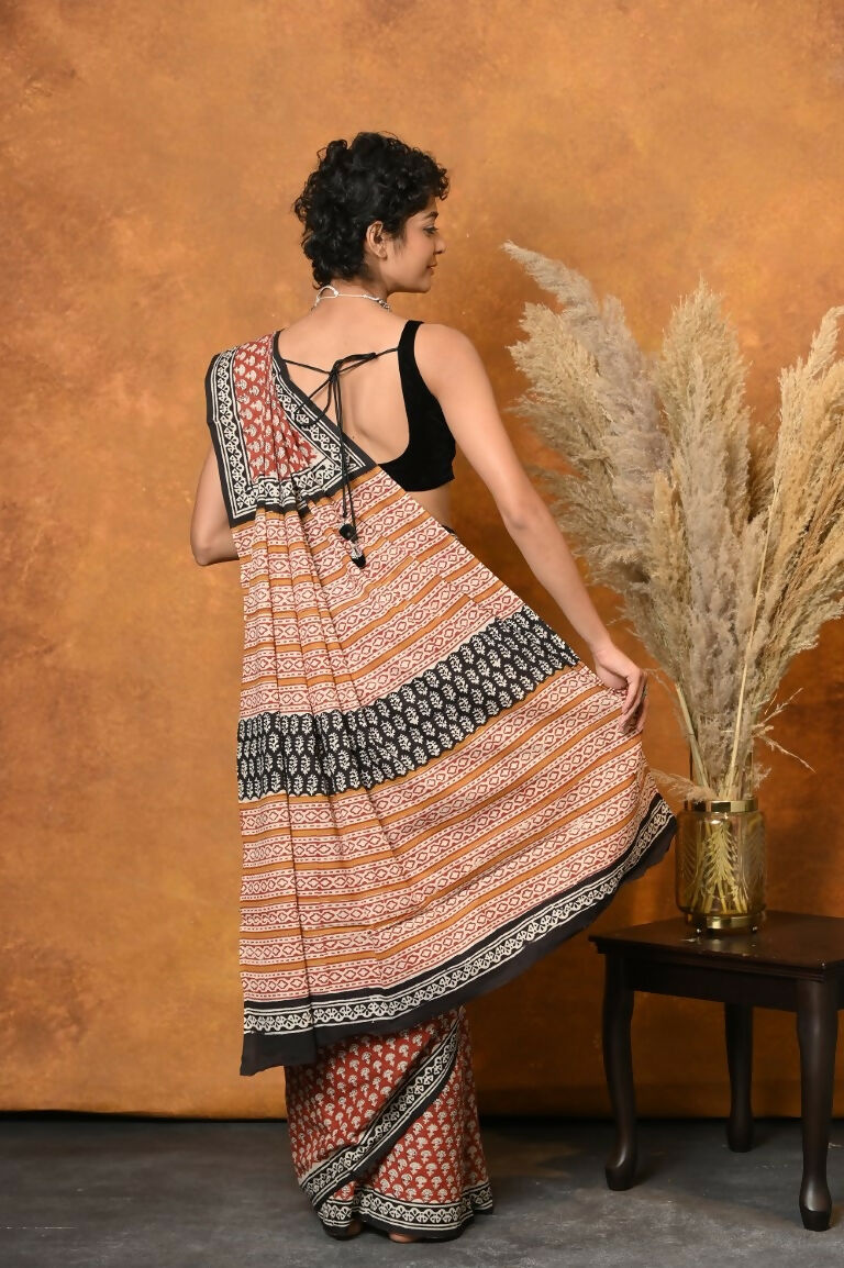 Very Much Indian Handblock Printed Cotton Saree With Natural Dyes - Orange | Swadesiicart