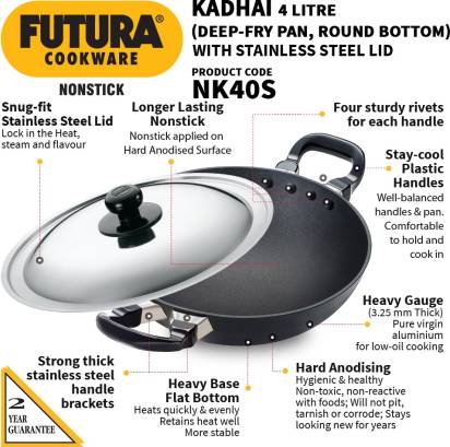 Hawkins Futura Non-stick Kadhai 30 cm Diameter with Lid 4 L (NK40S) - Swadesiicart