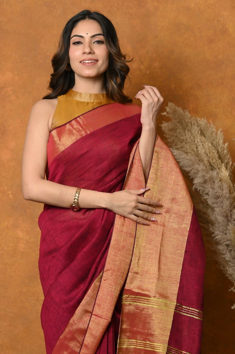 Very Much Indian Handloom Pure Cotton Linen Saree With Golden Border - Maroon | Swadesiicart