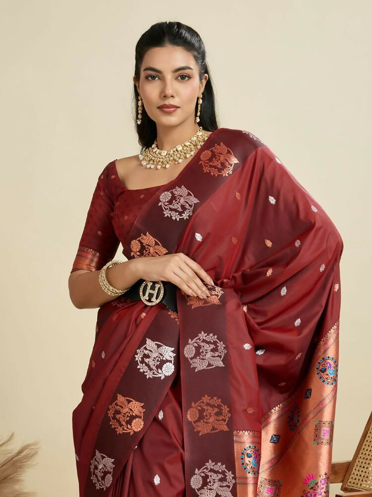 Vishnu Weaves Women's Maroon Banarasi Silk Zari Woven Saree with Blouse - Swadesiicart