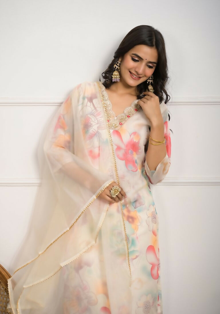 Festive Wear Ethnic Off White Premium Organza Stitched Suit With Dupatta - Tanisha | Swadesiicart