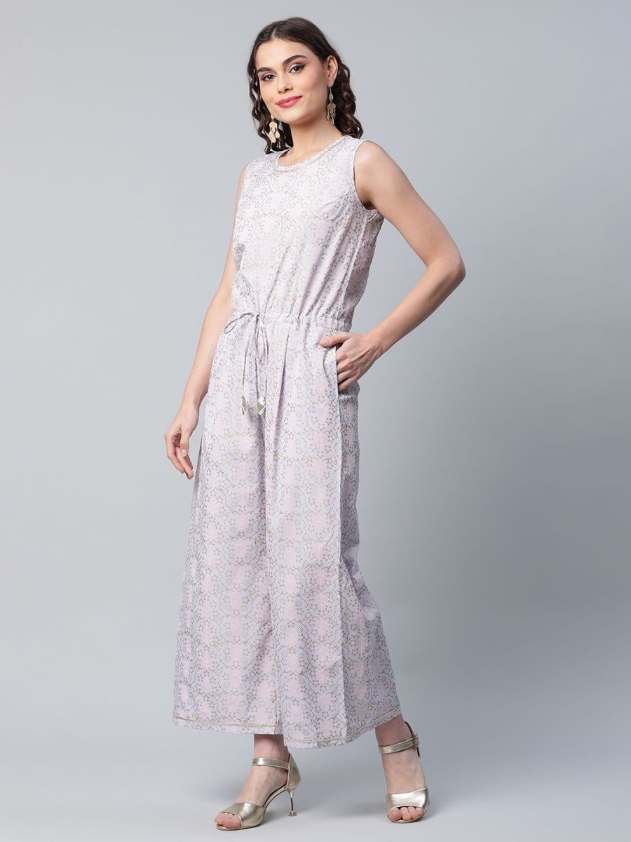 Ahalyaa Womens Blue Crepe Gold Printed Jumpsuit | Swadesiicart