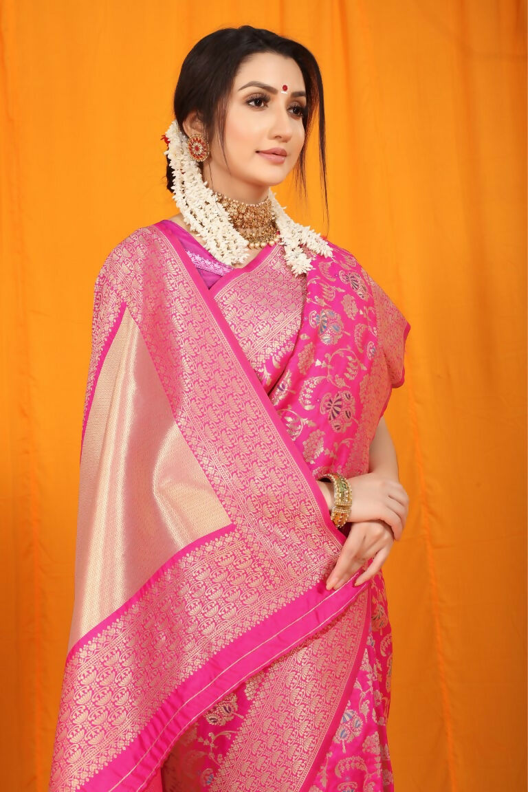 Jyoti Fashion Women's Rani Pink Kanjivaram Silk Zari Woven Saree with Blouse | Swadesiicart