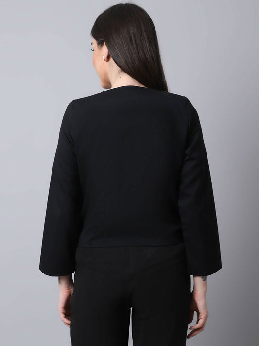Even Apparels Black Polywool Open Front Statement Women's Jacket | Swadesiicart