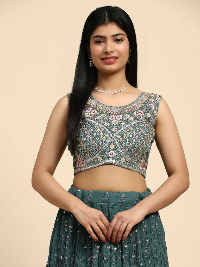 Green Georgette Embroidered Lehenga choli with Dupatta - Dhara | Swadesiicart