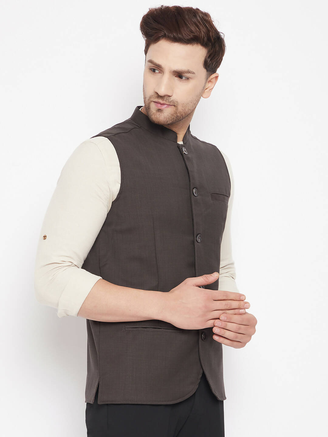 Even Apparels Brown Merino Men Woven Nehru Jacket | Swadesiicart