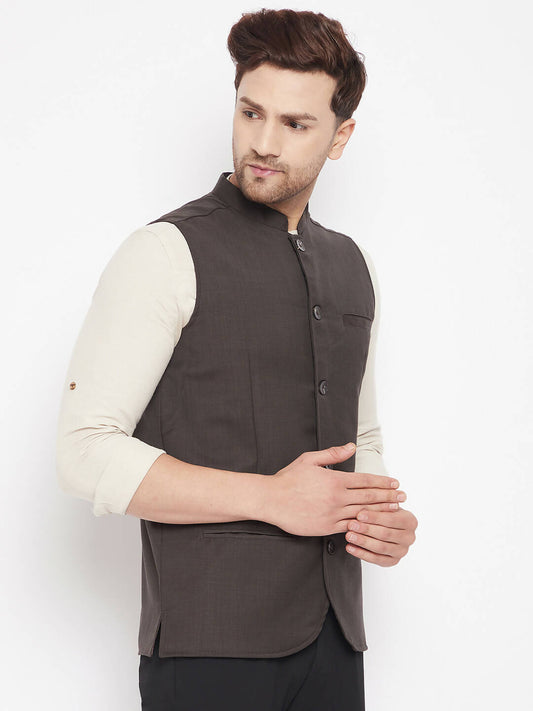 Even Apparels Brown Merino Men Woven Nehru Jacket | Swadesiicart