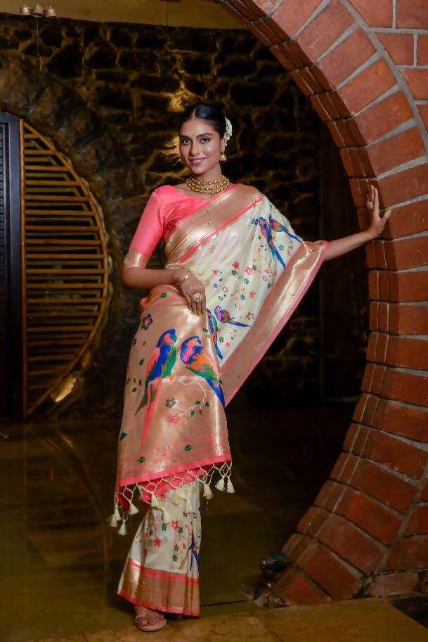 Vishnu Weaves Women's Cream Paithani Silk Zari Woven Saree with Unstitched Blouse - Swadesiicart