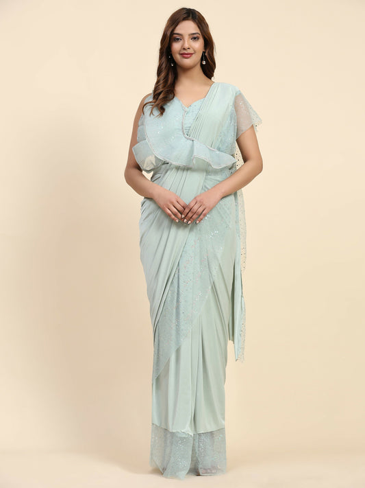 Light Blue Lycra Solid Ready to Wear Saree with stitched Blouse - Nita | Swadesiicart