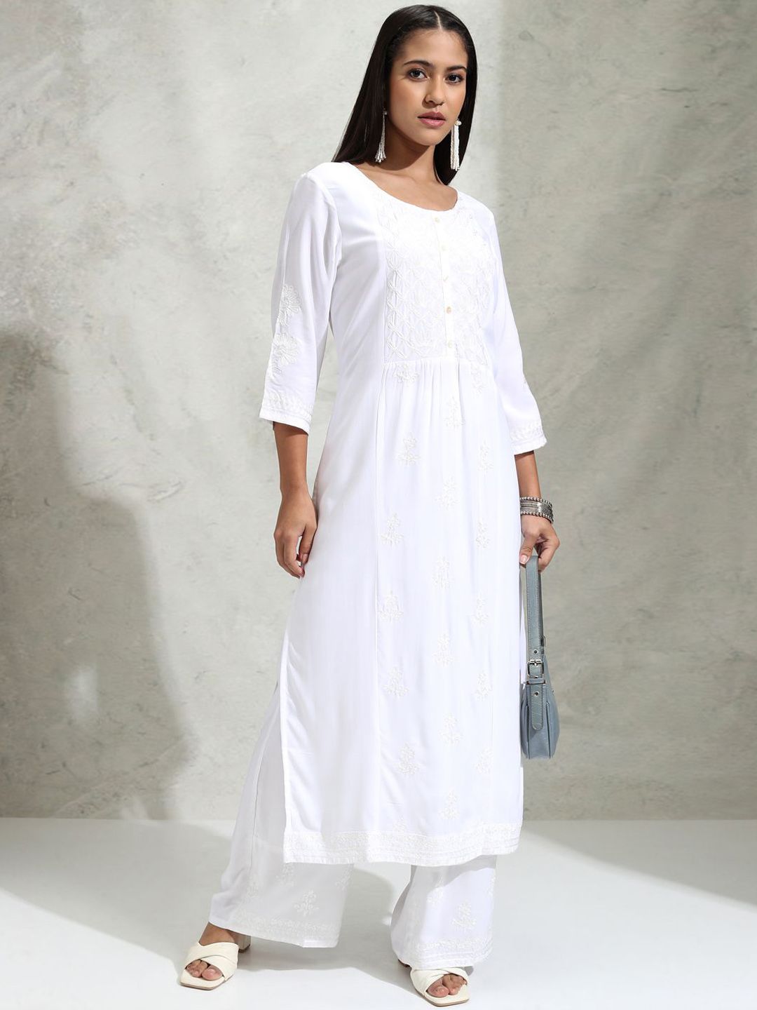 Vishudh White Floral Embroidered Thread Work Straight Kurta With Palazzos - Swadesiicart