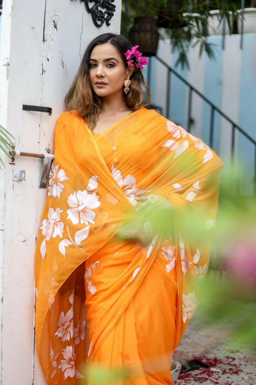 Exclusive Collection Beautiful Orange Pure Cotton Hand Print Handloom Saree With Running Blouse Piece - Swadesiicart
