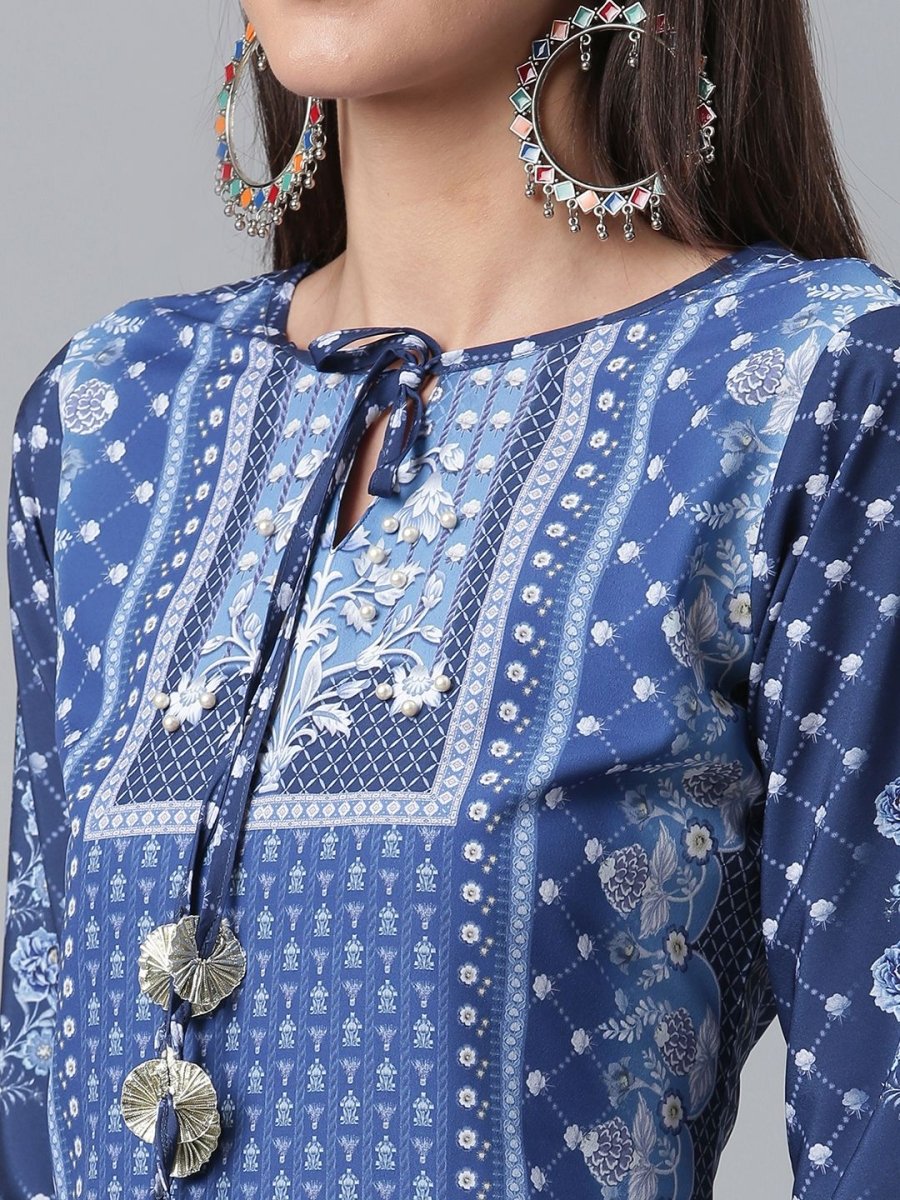 Ahalyaa Women Navy Blue Crepe Floral Print kurta With Palazzo | Swadesiicart