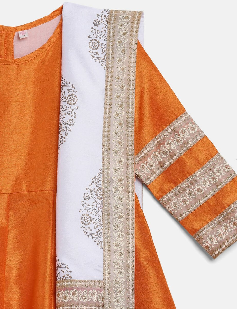 Ahalyaa Orange Poly Silk Anarkali Kids Kurta With Dupatta Set For Girls | Swadesiicart