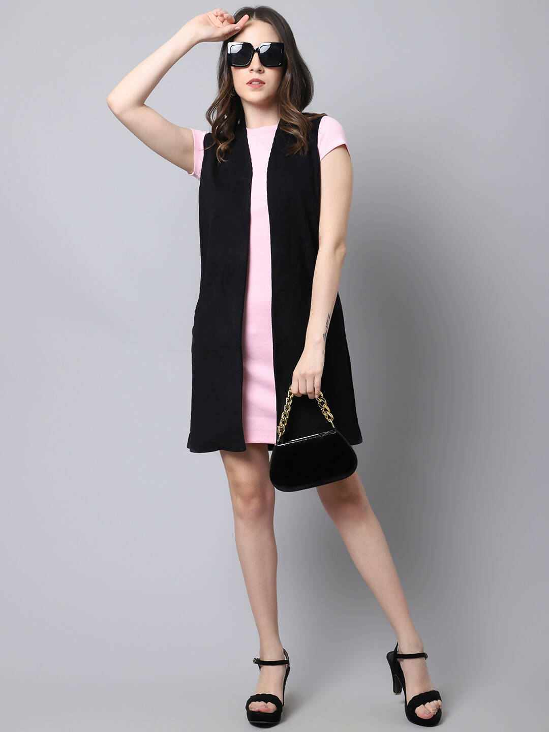 Even Apparels Black Polywool Open Front Corduroy Women's Long Coat | Swadesiicart